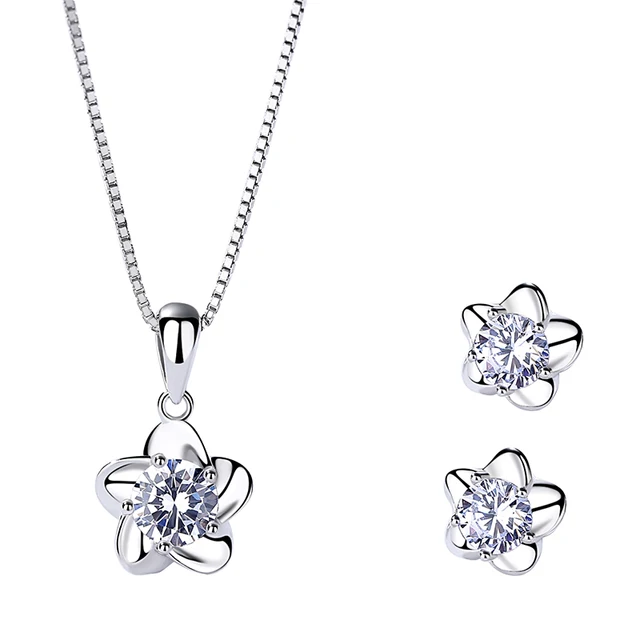 925 Sterling Silver Cubic Zirconia Flower Jewelry Set