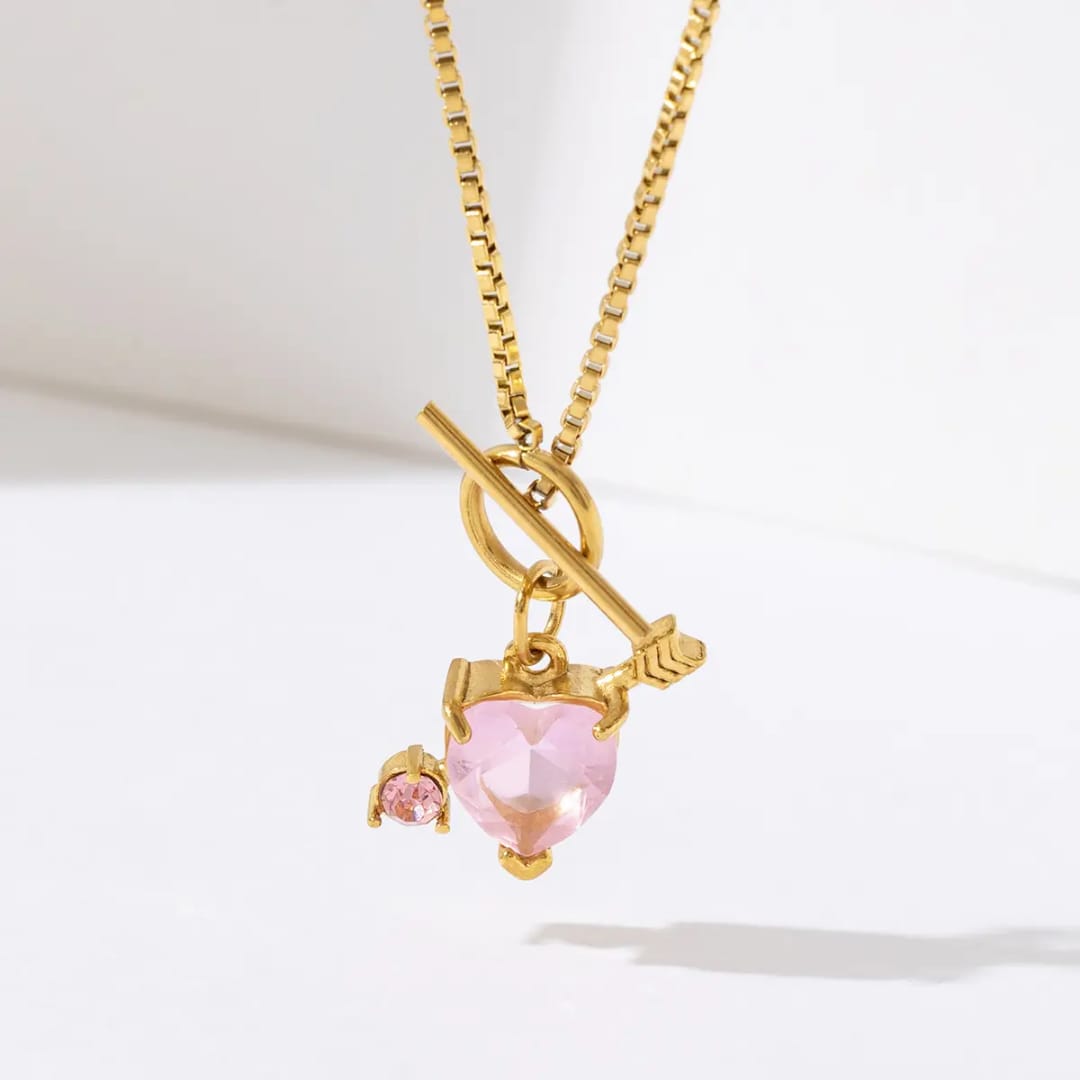 Hot Selling 18K Gold Plated Stainless Steel Pink Cupid Arrow Heart Pendant Necklace - Image 3